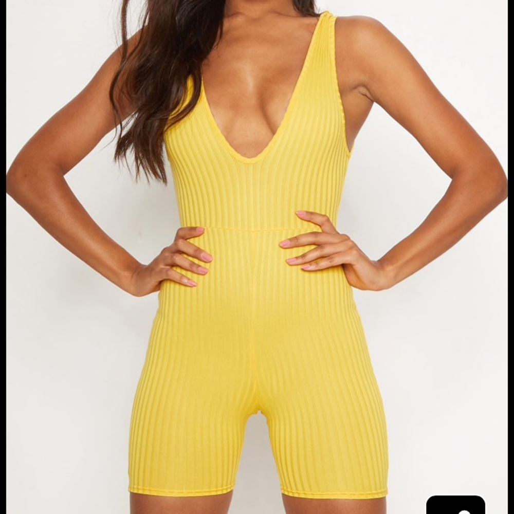 Yellow Ribbed Plunge Sleeveless Unitard